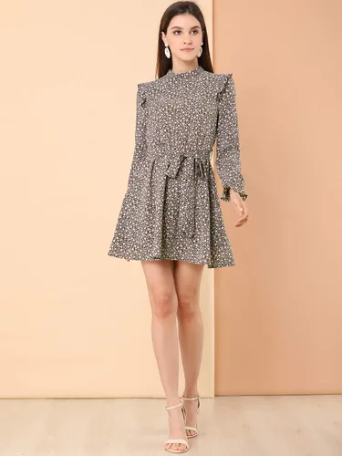 Vista 3 de Allegra K Vestido floral vintage con cuello alto y cinturón para mujer