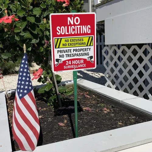 Vista 4 de SmartSign Cartel de 12 x 10 pulgadas "No Soliciting - No Excuses, No Exceptions, No Trespassing" para Patio con Estaca de 3 pies, Aluminio de 40