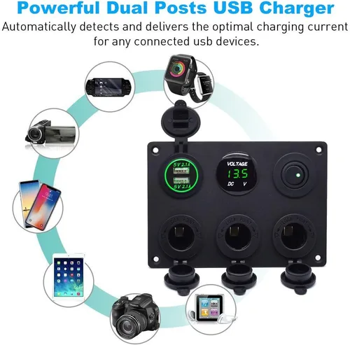 Vista 2 de Enchufe de cargador USB dual 2.1A y 2.1A + voltímetro LED + adaptador de encendedor de cigarrillos de 3 enchufes Toma de corriente de 12V + Verde