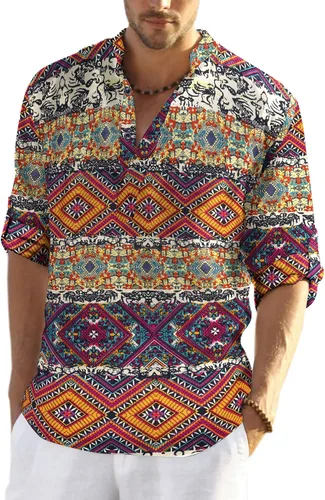 Vista 16 de COOFANDY Camiseta Henley de algodón y lino para hombre, de manga larga, estilo hippie, casual, playera