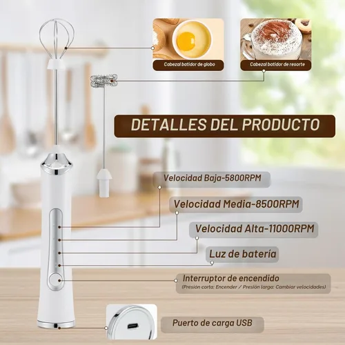 Vista 4 de Espumador de leche manual eléctrico con 2 cabezas, batidor de café con espuma USB recargable de 3 velocidades, licuadora de espuma para café