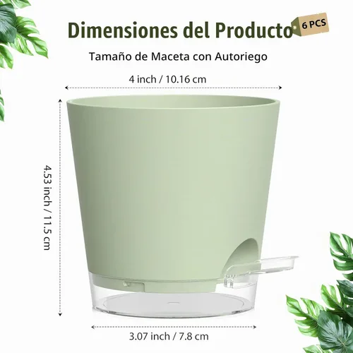 Vista 5 de Macetas de riego automático de 4 pulgadas, paquete de 6 macetas de plástico con agujeros de drenaje y platillos transparentes, macetas de plástico