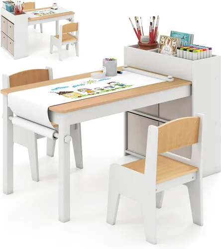 Vista 12 de Costzon Mesa y sillas de arte para niños, juego de escritorio de actividades de madera con rollo de papel, 4 tazas de pintura, estantes de Gris