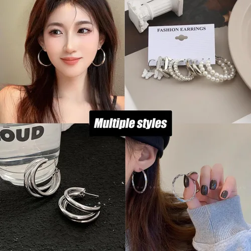Vista 4 de Juego de 45 pares de aretes de aro dorados y plateados para niñas y mujeres, paquete múltiple de aretes colgantes de perlas gruesas trenzadas