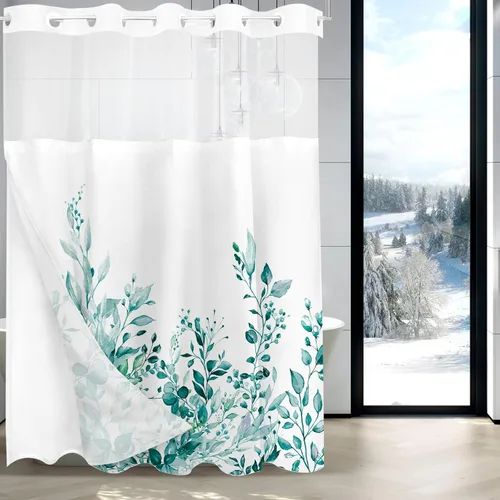 Vista 84 de Tititex - Juego de cortinas de ducha de eucalipto negro, hojas de acuarela gris en la parte superior, con decoración floral de baño, 60 x 72