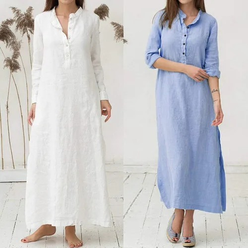 Vista 15 de Vestido de manga larga para mujer, casual, de algodón, lino, con botones, maxivestidos tipo caftán, blanco y azul