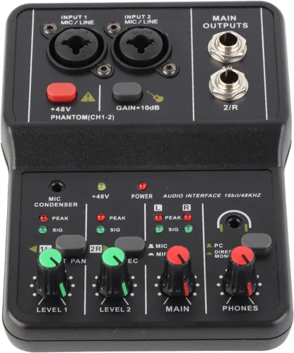 Vista 6 de Mezclador de audio, 2 canales, mezclador estéreo de audio USB 48 V, consola de mezcla de sonido compacta para grabación de música, karaoke en casa