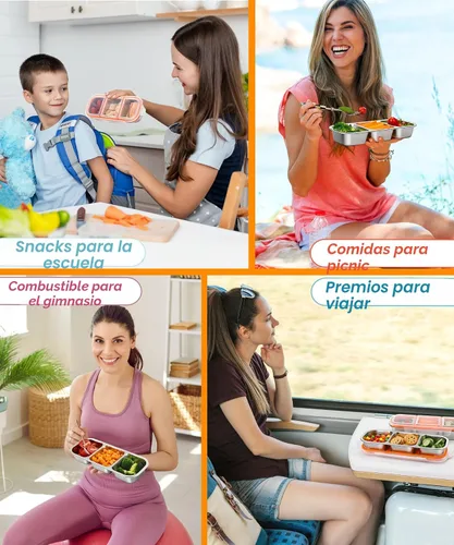 Vista 7 de KTKUDY - Recipiente de acero inoxidable para niños y adultos, grande, a prueba de fugas, 3 compartimentos, apilable, para guardería, escuela