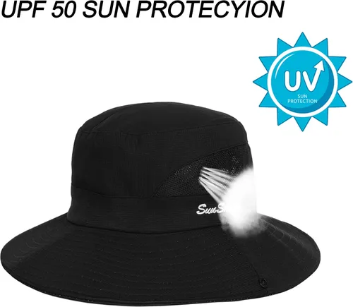 Vista 54 de Sombrero de pesca de playa de ala ancha para mujer, con protección UV, plegable, con agujero para cola de caballo