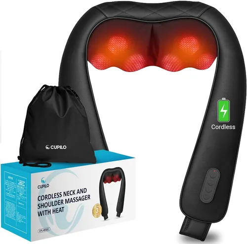 Vista 10 de CuPiLo Masajeador de cuello inalámbrico con calor, apto para la FSA HSA Store 4D, masajeador de cuello para aliviar el dolor de tejido profundo Negro