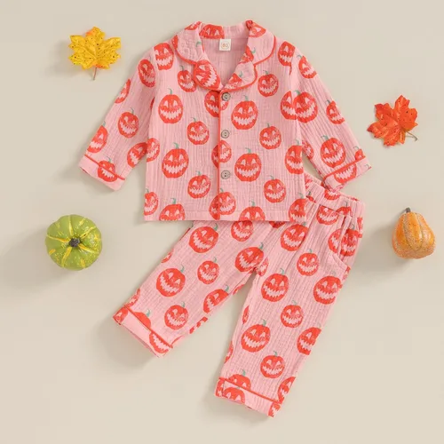 Vista 2 de Pijama de Halloween para bebé niña con diseño de calabaza, satén, con botones, camisa de manga larga, pantalones, conjunto de pijama de Halloween