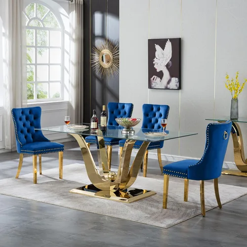 Vista 33 de Moderno juego de mesa de comedor de cristal de 5 piezas para 4, 70 pulgadas rectangular con 4 sillas copetudas de terciopelo beige, juego de mesa