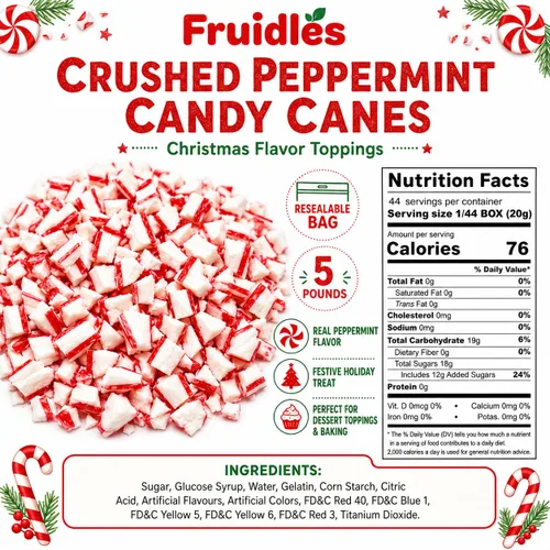 Vista 2 de Fruidles Bastones de caramelo de menta triturados, coberturas de sabor a menta navideña, bolsa resellable