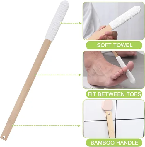 Vista 3 de Yaomiao Juego de 2 cepillos de mango largo para dedos de los pies de 15.75 pulgadas, cepillo de toalla de pie de madera con fundas de secado suaves