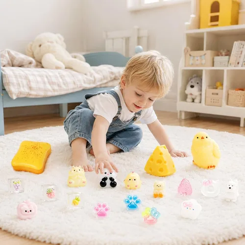 Vista 7 de Paquete de 33 juguetes esponjosos, coloridos juguetes esponjosos con bonita caja de juguetes para fiestas, mini animales esponjosos, alivio