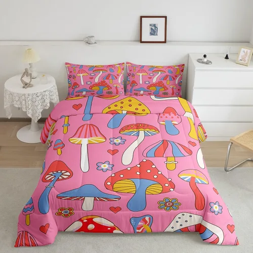 Vista 9 de Lindo juego de edredón de flores para niños y mujeres. Juego de ropa de cama de flores coloridas de dibujos animados, tamaño individual, bonito