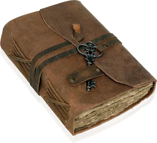 Vista 11 de Diario de cuero para mujeres y hombres, Cuaderno de papel con borde envejecido de 180 GSM, Diario en blanco del Libro de las Sombras, Diario Marrón