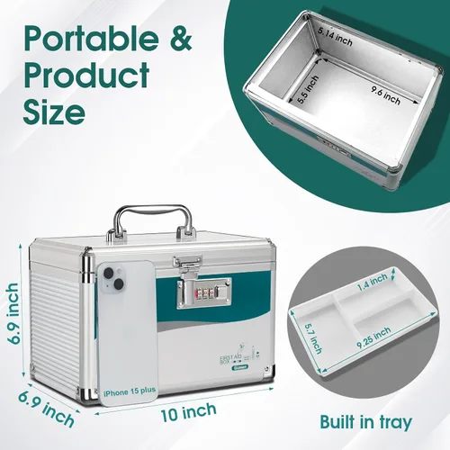Vista 7 de Caja de seguridad para medicamentos con código, caja organizadora de medicamentos de aleación de aluminio de 2 capas con bandeja extraíble, caja