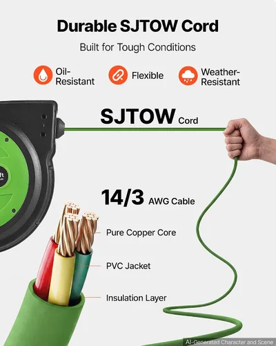 Vista 37 de VEVOR Carrete de cable de extensión retráctil de 25 pies resistente 14AWG Rojo