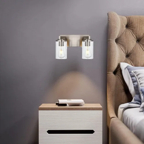 Vista 2 de BONLICHT Lámpara de pared de níquel cepillado de 2 luces con pantalla de cristal transparente, luces industriales de baño para interiores sobre