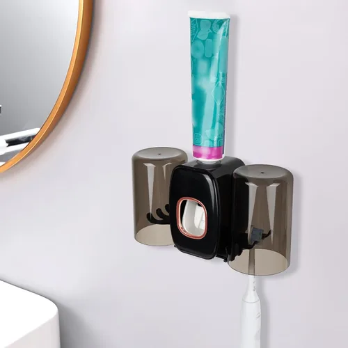 Vista 5 de Soporte de pared para cepillos de dientes con 4 ranuras con tapa, organizador de almacenamiento de cepillos de dientes autoadhesivo para ducha