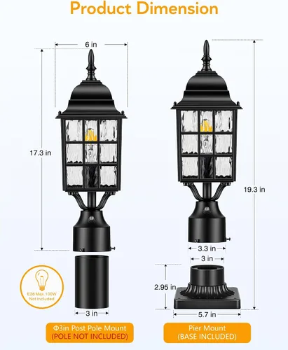 Vista 9 de VIANIS Lámpara de poste con base de montaje, moderna lámpara exterior negra con vidrio templado, postes de luz de aluminio antioxidante