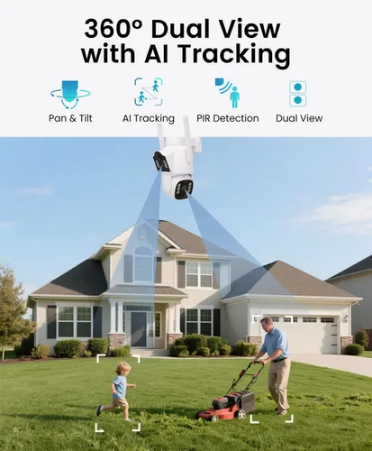 Vista 3 de CasaCam Cámara de seguridad solar Inalámbrico para exteriores, lente dual 2K+2K Funciona con pilas, sensores PIR duales, seguimiento automático
