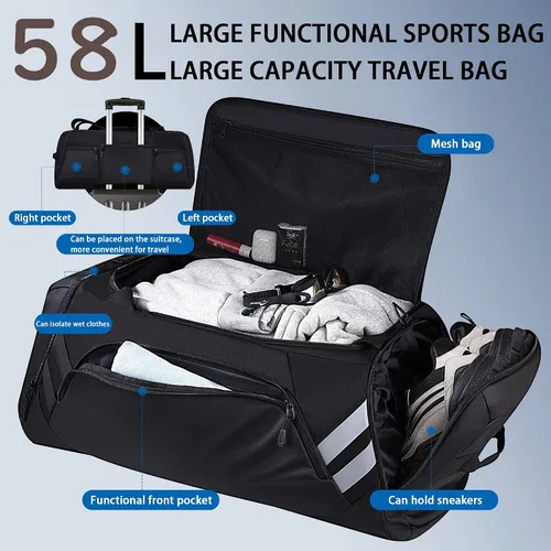Vista 3 de Bolsa de gimnasio para hombres y mujeres, bolsa de viaje grande de 58 litros con compartimento para zapatos y bolsillo húmedo, bolsa deportiva