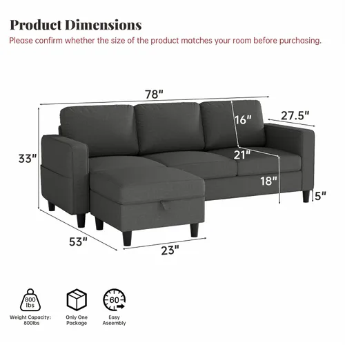 Vista 4 de Sofás Seccionales para Sala de Estar - Sofá Moderno en Forma de L Gris Oscuro de 3 Asientos con Otomana de Almacenamiento Reversible y Bolsillos