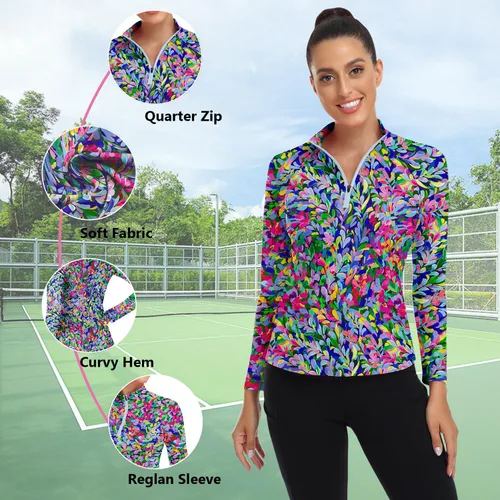 Vista 4 de WOWENY - Camiseta de manga larga con cremallera de 1/4 para mujer, con cuello, para hacer deporte, con estampado, para tenis Hoja multicolor.