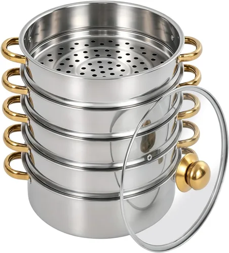 Vista 11 de Steamer Pot,5-Tier Stainless Steel Stockpot Steamers with Glass Lid and Anti-Scalding Handles,Polishing Steamer Cookware Pot for Induction Cookers