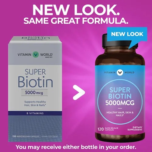 Vista 3 de Vitamin World Super Biotin 5000 mcg para cabello, piel y uñas, 120 cápsulas Suplemento de biotina, sin gluten, suministro para 120 días