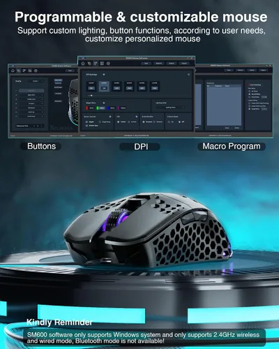 Vista 4 de SOLAKAKA SM600 Honeycomb Shell Gaming Mouse inalámbrico, Tri-Modos BT5.12.4G InalámbricoTipo-C Ratón gamer con cable con 2 botones laterales, macro