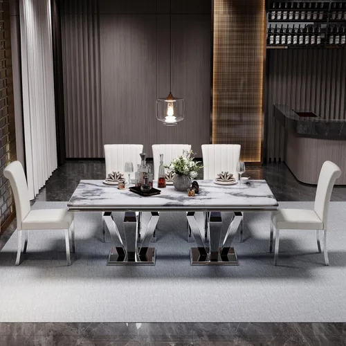Vista 4 de ACEDÉCOR Mesa de comedor, mesa de comedor rectangular moderna de 78 pulgadas para 6-8 personas, parte superior de textura gris y base geométrica