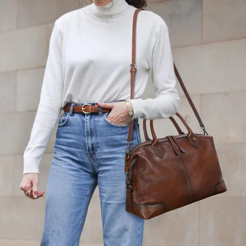 Vista 9 de HESHE Bolso de mano de cuero genuino para mujer, bolso de cuero de gran capacidad, bolso de mano con asa superior, bolso de médico vintage