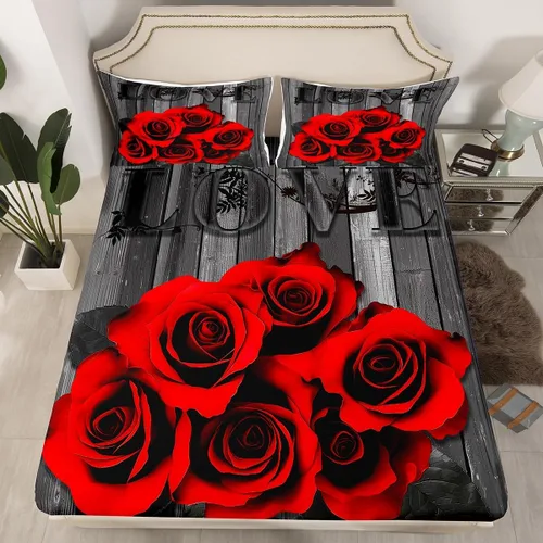 Vista 3 de Erosebridal Juego de sábanas de rosas rojas, tamaño individual, color rojo y negro, para niñas, mujeres, hombres, parejas, romántico, floral