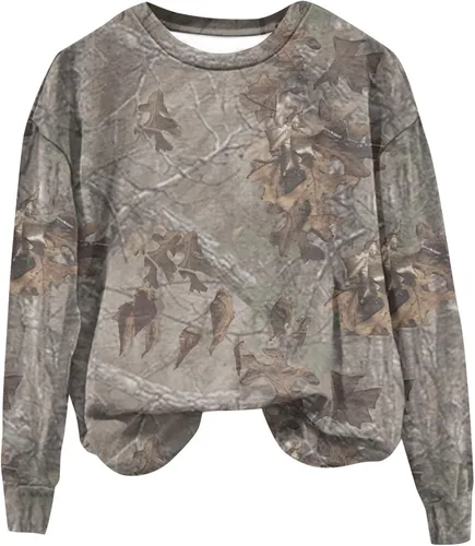 Vista 2 de Dlongni Sudadera de camuflaje para mujer, con estampado de hojas de arce, cuello redondo, manga larga, forro polar, suéter de gran