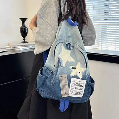 Vista 4 de Mochila de mezclilla Y2K de viaje, linda mochila de mezclilla kawaii gótica, estética, vintage, retro, mezclilla grunge, mochila para viajes