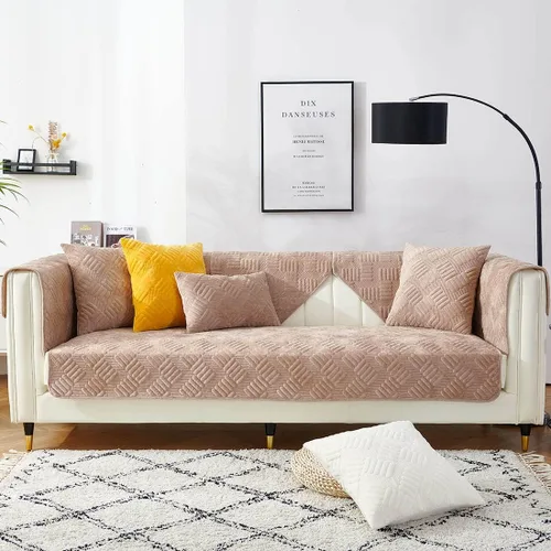 Vista 10 de vctops Funda de sofá de terciopelo para sillón, antideslizante, acolchada, súper suave, funda geométrica cálida en forma de L para sofá, para Marrón