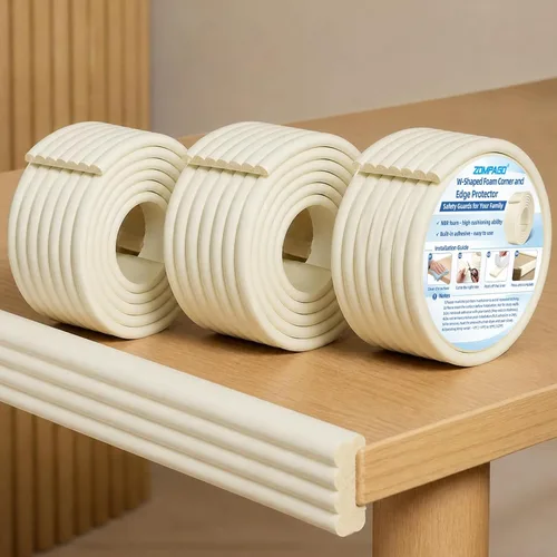 Vista 8 de ZOMPAGO Rollo protector de bordes de bebé (6.56 pies) y 8 protectores de esquina, protectores de esquina de espuma blanca para muebles, esquinas