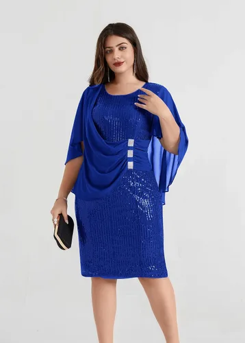 Vista 8 de Hanna Nikole Vestido de fiesta de lentejuelas para mujer, talla grande, de gasa, manga de capa, vestido midi de cóctel 2024