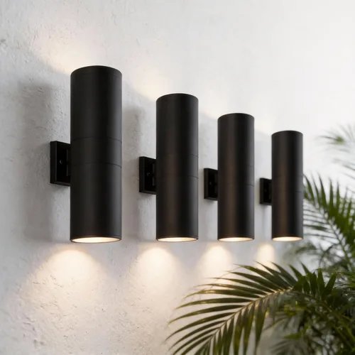 Vista 19 de mirrea Lámpara moderna para porche al aire libre en 2 luces con cilindro de aluminio y cubierta de vidrio templado, aplique de pared impermeable