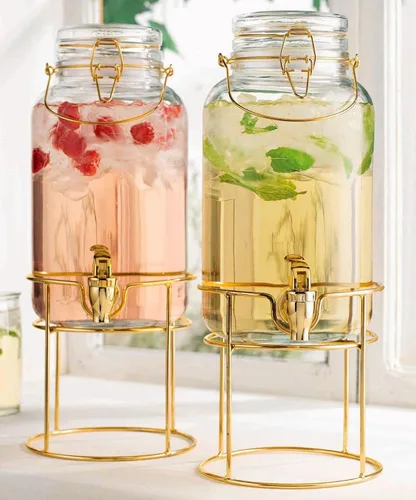 Vista 2 de Dispensadores de bebidas para fiestas, paquete de 2 dispensadores de bebidas de 1 galón con soporte, dispensador de bebidas con tapa de vidrio