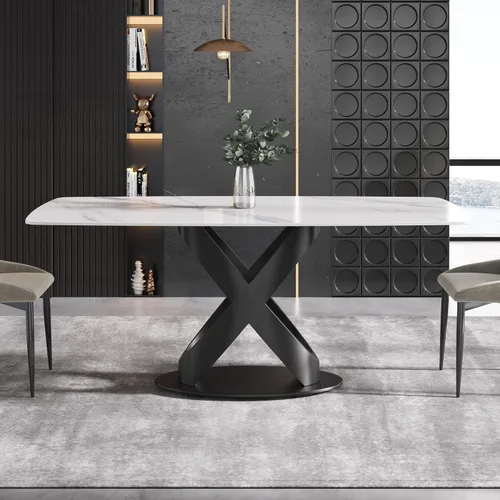 Vista 13 de Mesa de comedor moderna, mesa de piedra sinterizada blanca antigua con base de acero al carbono sólido en forma de X negra, mesa de comedor Blanco