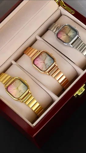 Vista 9 de Womens Ladies' Ultra Thin Watch with Rainbow Gradient Dial Gold-Tone Square Case and Bracelet Quartz Movement