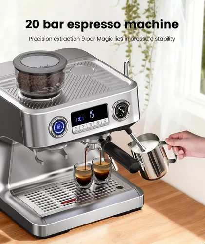 Vista 2 de Máquina de café espresso COWSAR de doble caldera con molinillo, máquinas de espresso de 20 bares con espumador de leche, cafetera de espresso