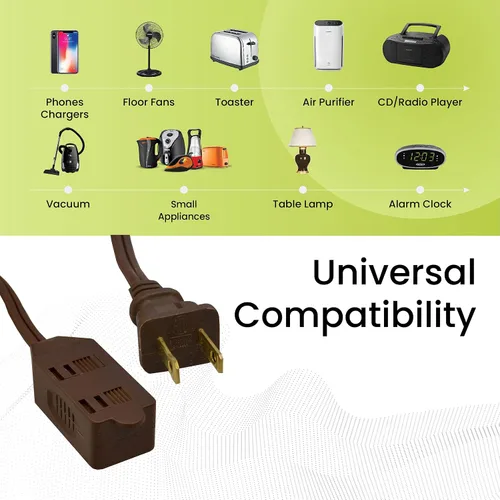 Vista 4 de Go Green Power Inc. Cable de extensión para el hogar de 16/2 de 6 pies con 3 tomas, color marrón, discreto, sin torceduras, cubiertas de seguridad