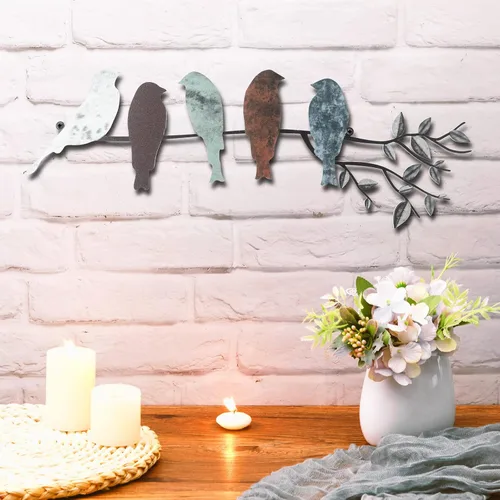 Vista 9 de Ferraycle Arte de pared de pájaro de metal, pájaros en rama con hojas, letrero de metal para colgar en la pared para balcón, jardín, decoración