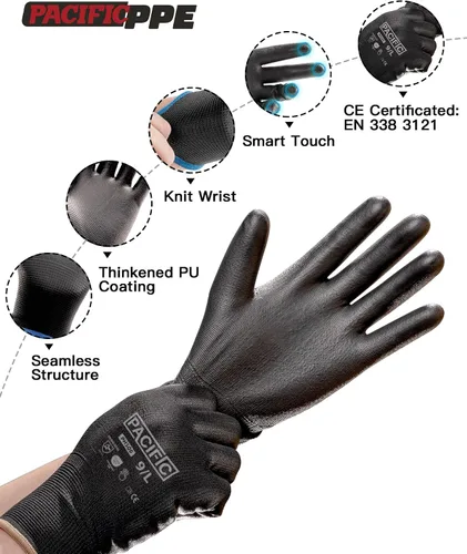 Vista 3 de PACIFIC PPE 18 pares de guantes de trabajo, guantes de punto sin costuras recubiertos de poliuretano, guantes de seguridad para pantalla táctil