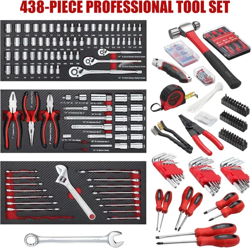 Vista 2 de ARUCMIN Juego de herramientas mecánicas de 438 piezas con kit de herramientas de reparación de caja de metal resistente de 3 cajones